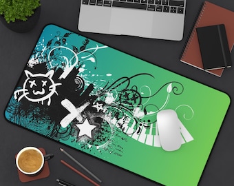 Frutiger Metro Grunge Cat Stars Piano Keyboard Desk Mat | Frutiger Aero Y2K Green and Blue Mouse Pad
