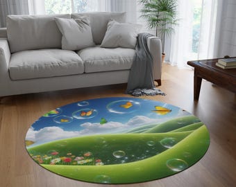 Frutiger Aero Grassy Hills Butterfly Round Rug | 5 FT