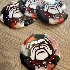 UGA Coasters – Red & Black Swirl Geode Coaster Set with UGA Mascot – Handmade Georgia Bulldogs Barware – Game Day Gift