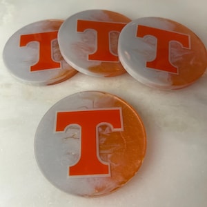 Tennessee Volunteers Resin Coasters – Orange & White Swirl Drink Coasters with Vols Logo | Handmade UT Gameday Decor