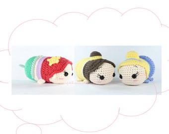 PATTERN 3-PACK: Ariel, Belle, and Cinderella Tsum Tsum Crochet Amigurumi Dolls