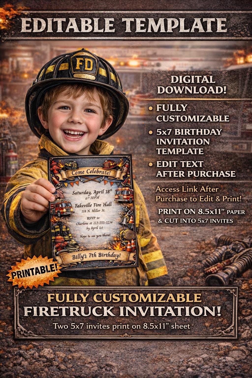 Editable Fire Truck Birthday Invitation, Firefighter Party Template ...