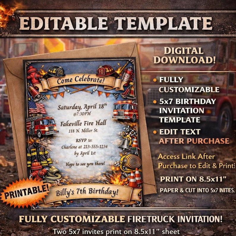 Firefighting Invitation Editable Fire Truck Birthday Invitation, Firefighter Party Template ...