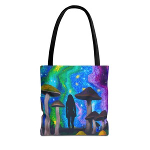 Cosmic Mushroom Tote Bag, AOP Canvas Bag, Eco-Friendly Shopper, Boho Magic Tote, Gift for Nature Lovers, Psychedelic Art Carryall