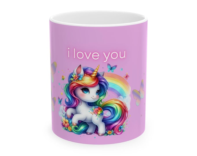 Colorful Unicorn Love Mug - Perfect for Gifts & Celebrations, Cute Ceramic Mug, Rainbow Mug, Kids Mug, Fairy Tale Drinkware, Birthday Gift