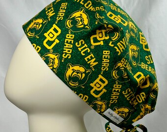 Tie Back Style Scrub Cap Hat Made From Baylor University Bears Themed Fabric