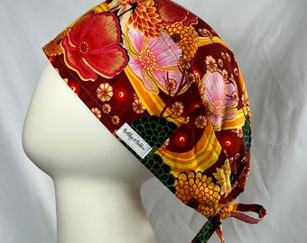 Groovy Fall Autumn Chrysanthemum Floral Print Tie Back Style Scrub Cap Hat