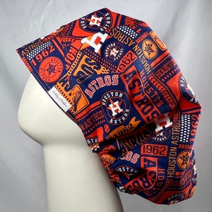 Bouffant Style Scrub Cap Hat Made From Houston Astros Baseball Themed Fabric