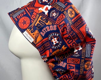 Bouffant Style Scrub Cap Hat Made From Houston Astros Baseball Themed Fabric