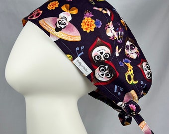 Tie Back Style Scrub Cap Hat Made from Coco Dia De Los Muertos Sugar Skull Fabric