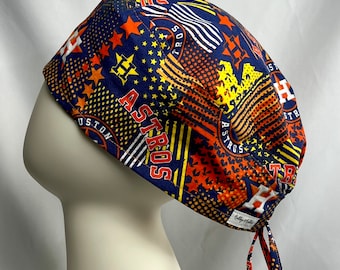 Tie Back Style Scrub Cap Hat Made From Houston Astros Baseball Themed Fabric