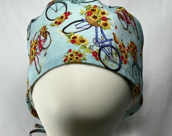 Sunflower Bicycle Tie Back Style Scrub Cap Hat