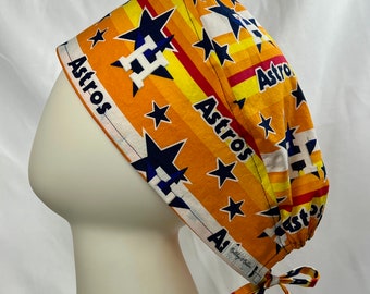 Tie Back Style Scrub Cap Hat Made From Striped Houston Astros Baseball Themed Fabric