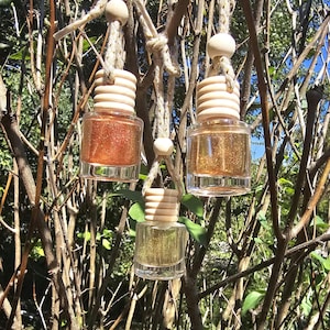 May include: Three small, clear glass bottles filled with shimmering liquid, suspended from twine and wooden beads. The bottles have wooden caps and are filled with orange, gold, and yellow glitter. The bottles are hanging from tree branches.