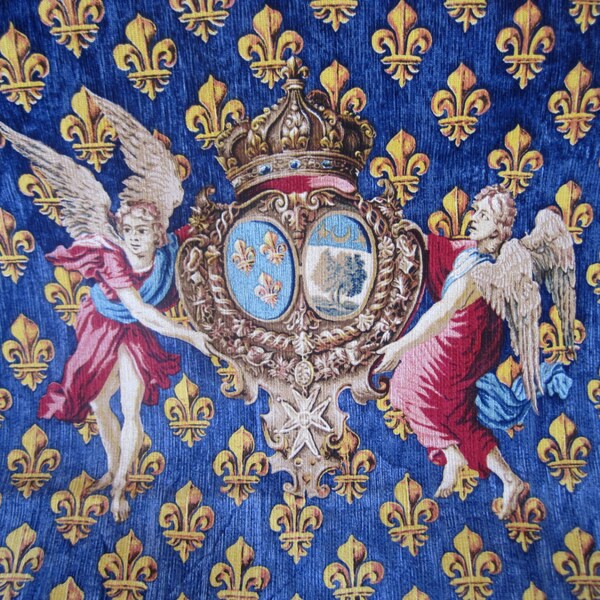 French Hand Painted Tapestry Portiere Fleur de Lys 40 by 56 Inches From The Original 1751 Aubusson