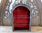 Antique French Iron Curio Cabinet, Rare Vitrine Display Case, Red Velvet Lining, Bronze Clock Pediment