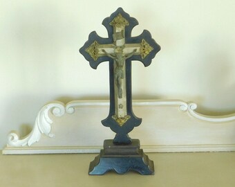 Antique French Crucifix Ebonised Wood Standing Crucifix, Catholic Religious Corpus Christi & Ornate Metal Detail
