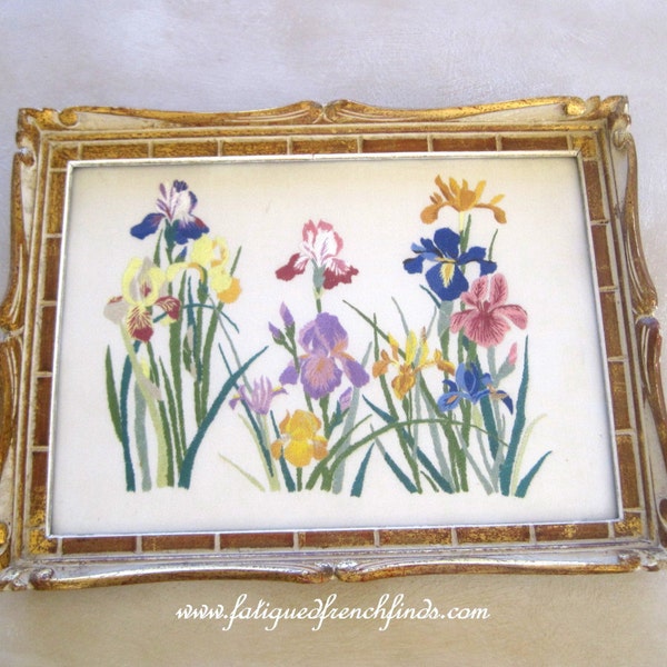 Beautiful Vintage French Hand Embroidered Iris Needlepoint in Ornate Frame