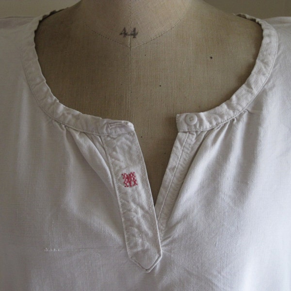 Antique French Hand Sewn Linen Chemise Shift With Round Neckline & Beautiful Red Cross Stitch Mono of M