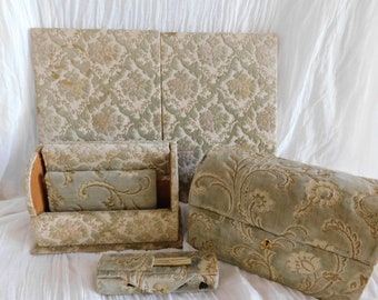 Vintage Fabric Covered Desk Set, Casket, Address Book, Blotter, Sewing Kit, All Suede Lined