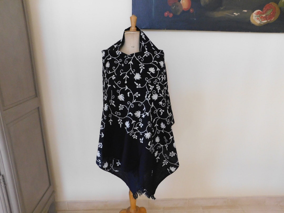 Hand Embroidered Black Wool Pashmina Shawl Wrap or Scarf Etsy
