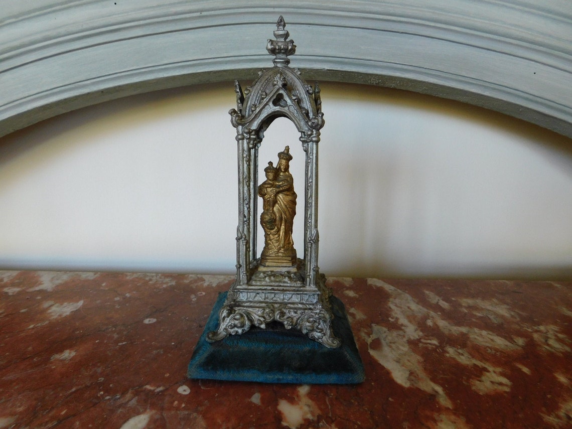 Antique French Crowned Virgin Mary & Child Spelter Statue in image 0