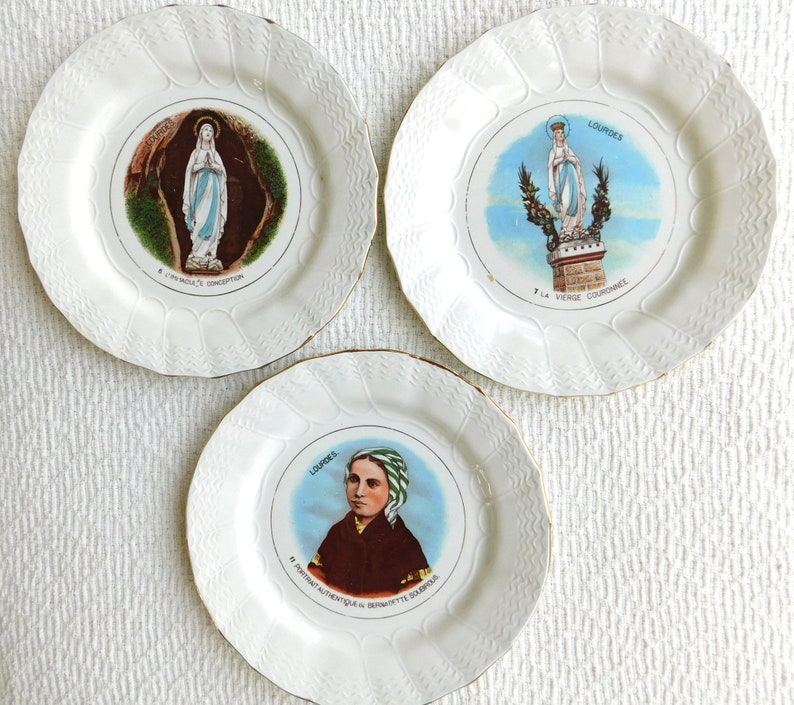 3 Antique French Religious Plates Virgin Mary Lourdes & St Etsy