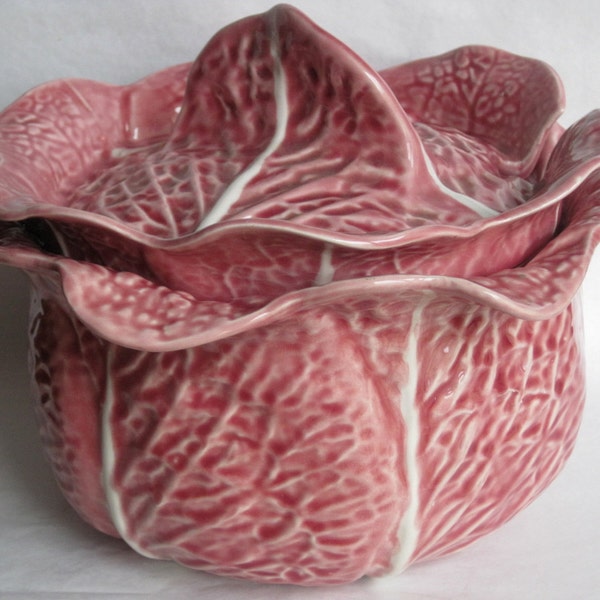 Fabulous Vintage Secla Portuguese Pottery Pink Cabbage Leaf Tureen