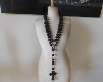 French Wood Bead Rosary, Carved Beads 47.5 Inches Long