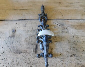 French Half Moon Coat Hook, Ornate Metal and Porcelain