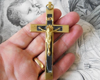 Antique French Pectoral Crucifix  Ebony & Brass Bronze Pendant