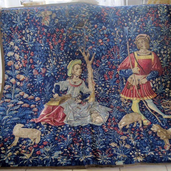 French Hand Painted Tapestry The Spinner and the Weaver Le Tissage et Le Rouet Huge Tapestry 80 by 88 Inches