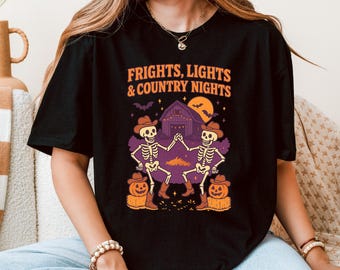 T-shirt unisexe Halloween country western, t-shirt squelette de cow-boy effrayant, t-shirt Halloween houe, chemise d'Halloween effrayante de rodéo, danse en ligne