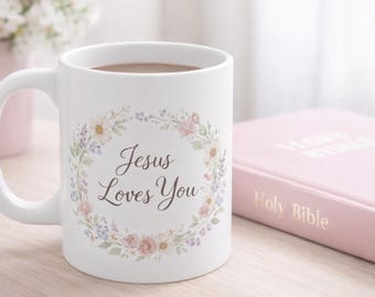 Taza de café "Jesús te ama", taza floral cristiana, regalo de aliento de fe, taza cristiana Cottagecore, taza de Jesús te ama, no estás solo