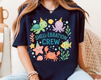 Ocean-Themed Shell-ebration T-Shirt, Under the Sea birthday tee, Adult shirt for Mermaid birthday, Cute Sea Creatures Tee, Family Beach tee
