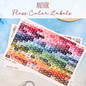 May include: Sheets of Anchor floss color labels with a wide range of colors and numbers. The labels are arranged in a grid, with each square displaying a different color and number for easy identification. The text "Anchor Floss Color Labels" is at the top.
