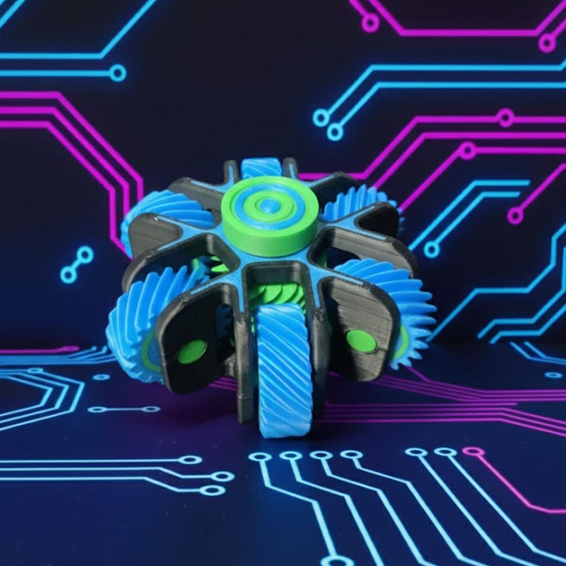 May include: A 3D-printed fidget toy with a complex gear design. The toy features a central green and blue spinner surrounded by blue and black gears. The background is a dark blue with a circuit board design in pink and blue.