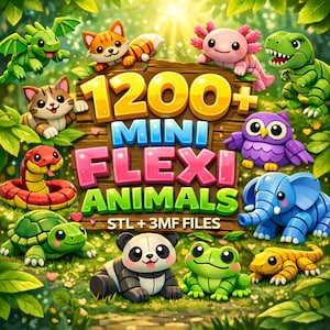 Puede incluir: Imagen vibrante que muestra una colección de mini animales flexi impresos en 3D. La imagen presenta un letrero de madera con el texto "1200+ MINI FLEXI ANIMALS". Varias figuras de animales coloridas, incluyendo un dragón, gato, zorro, ajolote, están dispuestas alrededor.