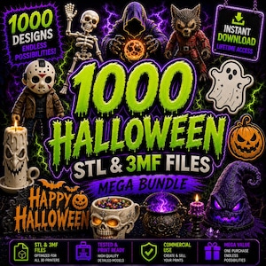 May include: A digital graphic featuring 1000 Halloween STL and 3MF files for 3D printing. The image displays a skeleton, a masked figure, a werewolf, a ghost, a pumpkin, a skull bowl, a cauldron, and a purple hat against a green lightning background.