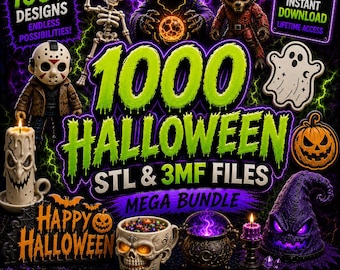 May include: A digital graphic featuring 1000 Halloween STL and 3MF files for 3D printing. The image displays a skeleton, a masked figure, a werewolf, a ghost, a pumpkin, a skull bowl, a cauldron, and a purple hat against a green lightning background.