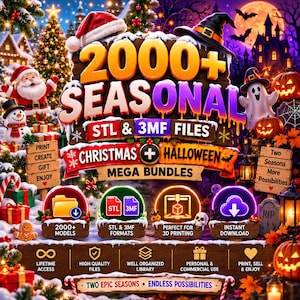 Może przedstawiać: Reklama cyfrowego pakietu zawierającego ponad 2000 sezonowych plików STL i 3MF na Boże Narodzenie i Halloween. Grafika przedstawia świąteczne motywy, takie jak Święty Mikołaj, bałwan, duch i dynie, wraz z informacjami o formatach plików, natychmiastowym pobieraniu i użytku komercyjnym.