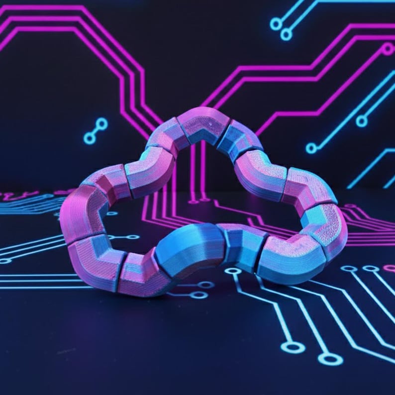 May include: A 3D-printed cloud-shaped object with a gradient of blue and pink hues. The object is composed of connected, segmented pieces. The background features a dark blue surface with a circuit board design in neon blue and pink.