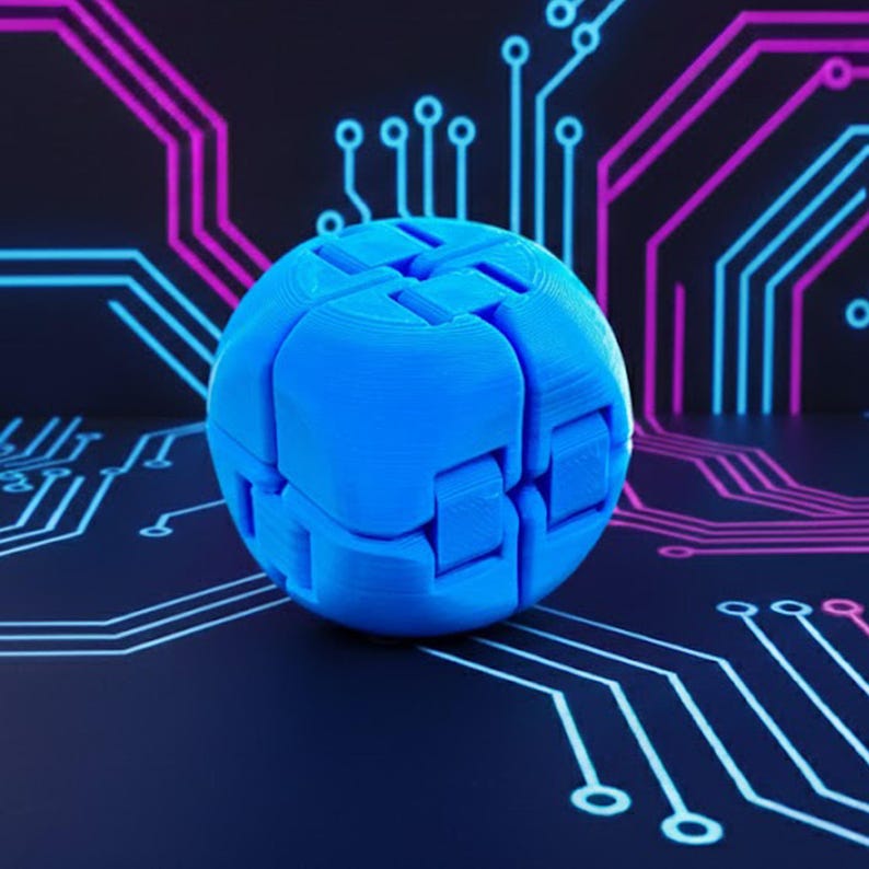 May include: A bright blue, spherical puzzle toy with a segmented design. The toy is set against a dark background with a circuit board pattern in white, pink, and blue.