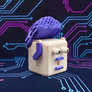 May include: A whimsical, abstract sculpture of a face with a square body, featuring a purple wig, eyes, and a mouth. The sculpture has a light beige body with purple accents. The background is a dark blue with a circuit board design.