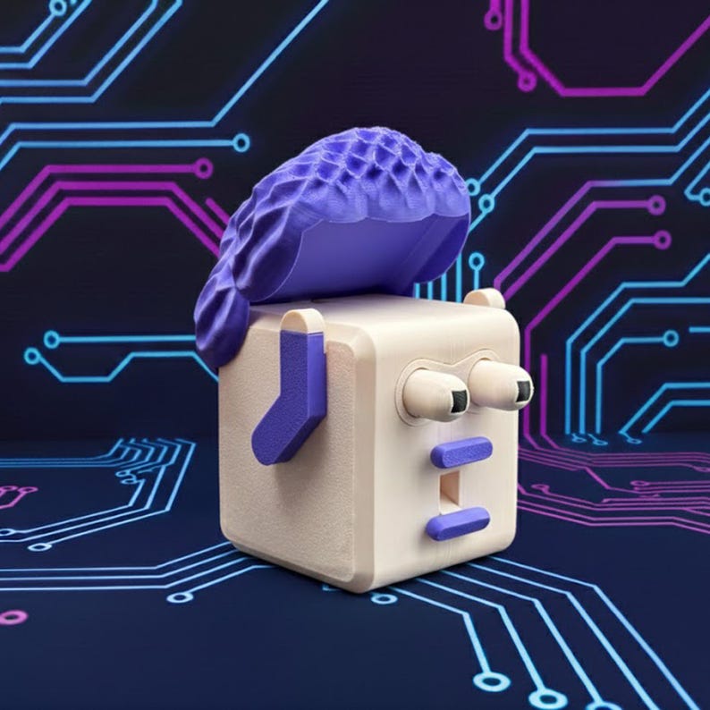 May include: A whimsical, abstract sculpture of a face with a square body, featuring a purple wig, eyes, and a mouth. The sculpture has a light beige body with purple accents. The background is a dark blue with a circuit board design.