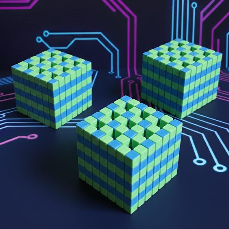 May include: Three geometric cubes with a checkered pattern of green and blue squares. The cubes are arranged on a dark blue surface with a circuit board design in the background. The cubes are a vibrant and colorful display.