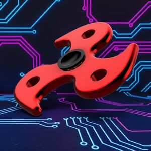 May include: A red fidget spinner with a black center and three rounded arms. The spinner has three holes and sits on a dark blue background with a circuit board design in blue and purple.