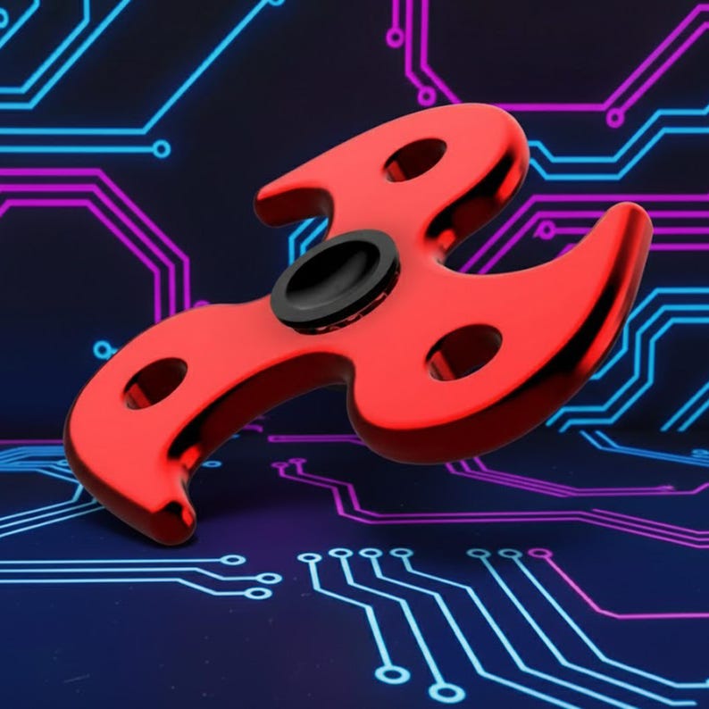 May include: A red fidget spinner with a black center and three rounded arms. The spinner has three holes and sits on a dark blue background with a circuit board design in blue and purple.