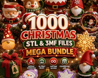 Peut inclure: Une collection numérique de 1000 fichiers STL et 3MF de Noël comprenant des modèles imprimables en 3D de tasses Père Noël, tasses renne, gnomes, décorations, boîtes cadeaux, bonhommes de neige et flocons, avec icônes de téléchargement.