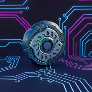 May include: A futuristic, circular device with a metallic gray and teal exterior, accented by green and black details. The object is set against a dark blue background with glowing blue and purple circuit board patterns.